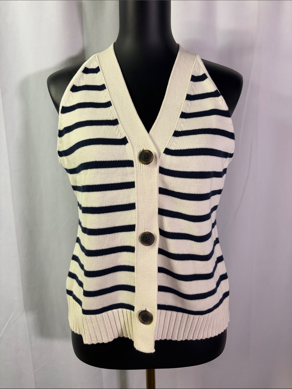 NWT Ann Taylor Factory Navy & Ivory Striped Button Front Cotton Sweater Vest